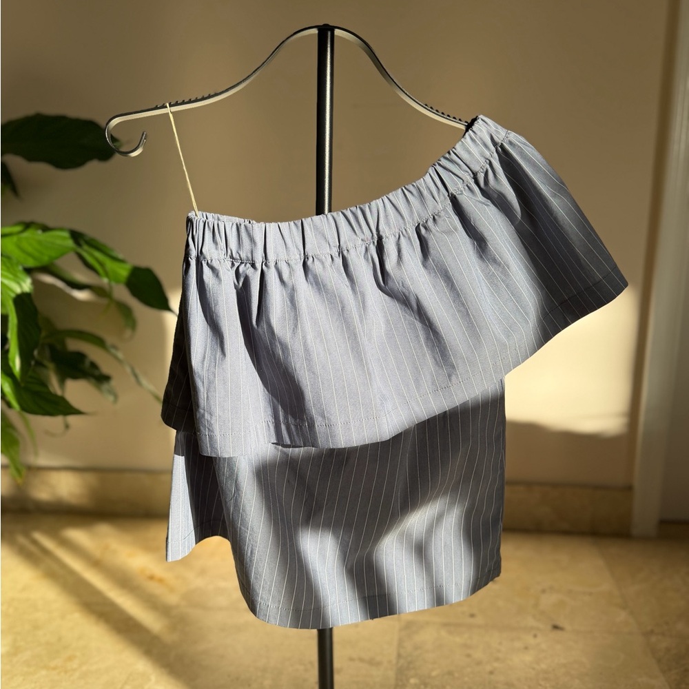 KOCH Blue & White Pinstripe One Shoulder Ruffle Top - Small